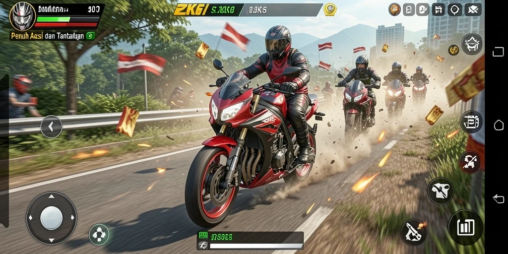 Screenshot gameplay ZK6 dengan aksi balapan motor yang intens.